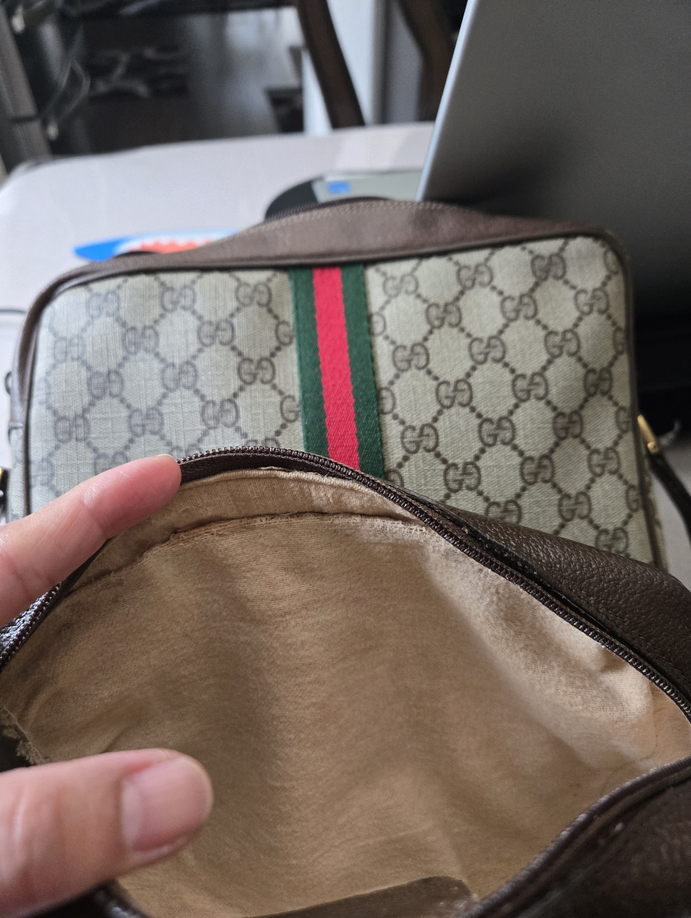 Gucci Beige GG Monogram Crossbody with Green and Red Web Stripe - Picture 8 of 12